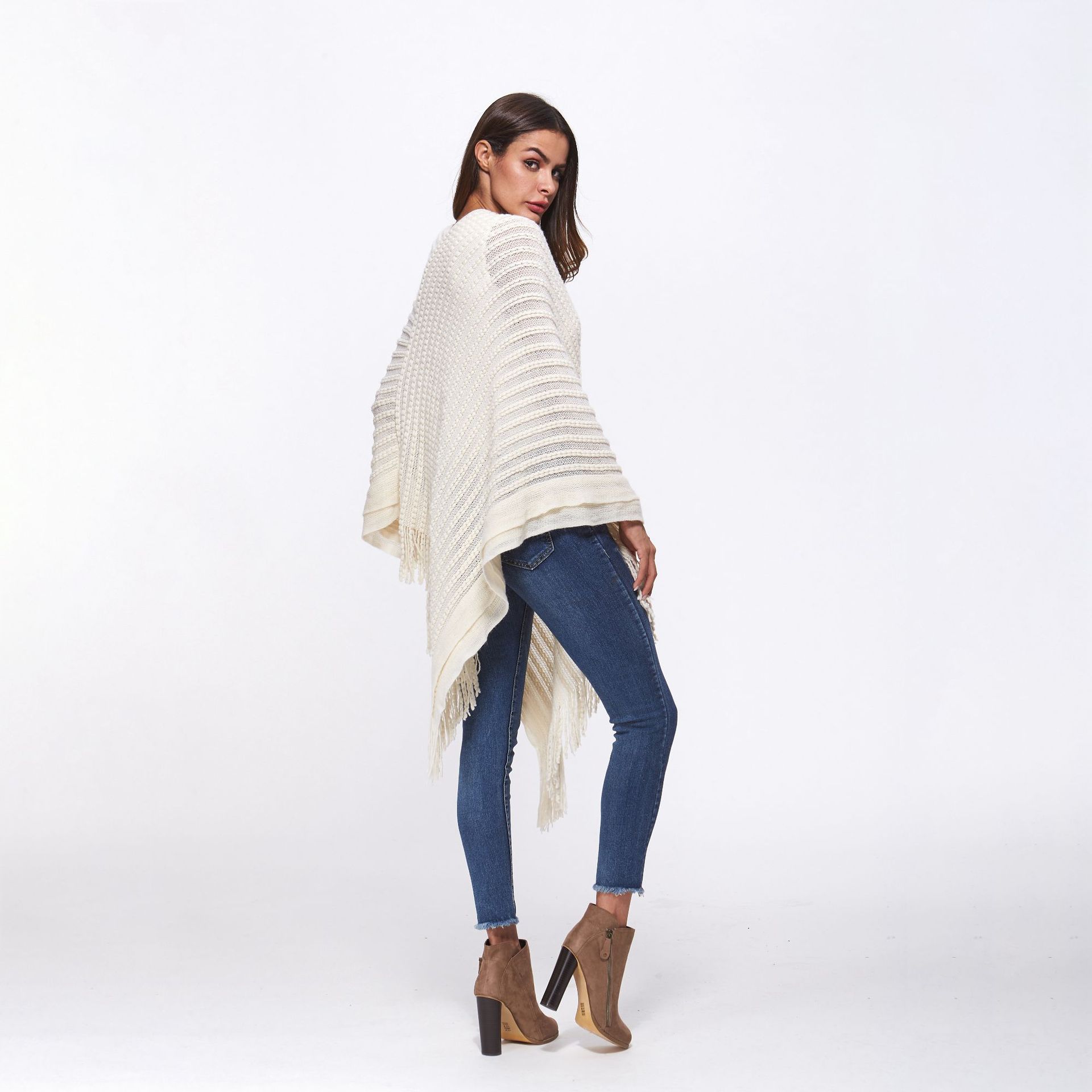 SZ60183-1 Loose Style Tassels Knit Irregular Cloak Sweater